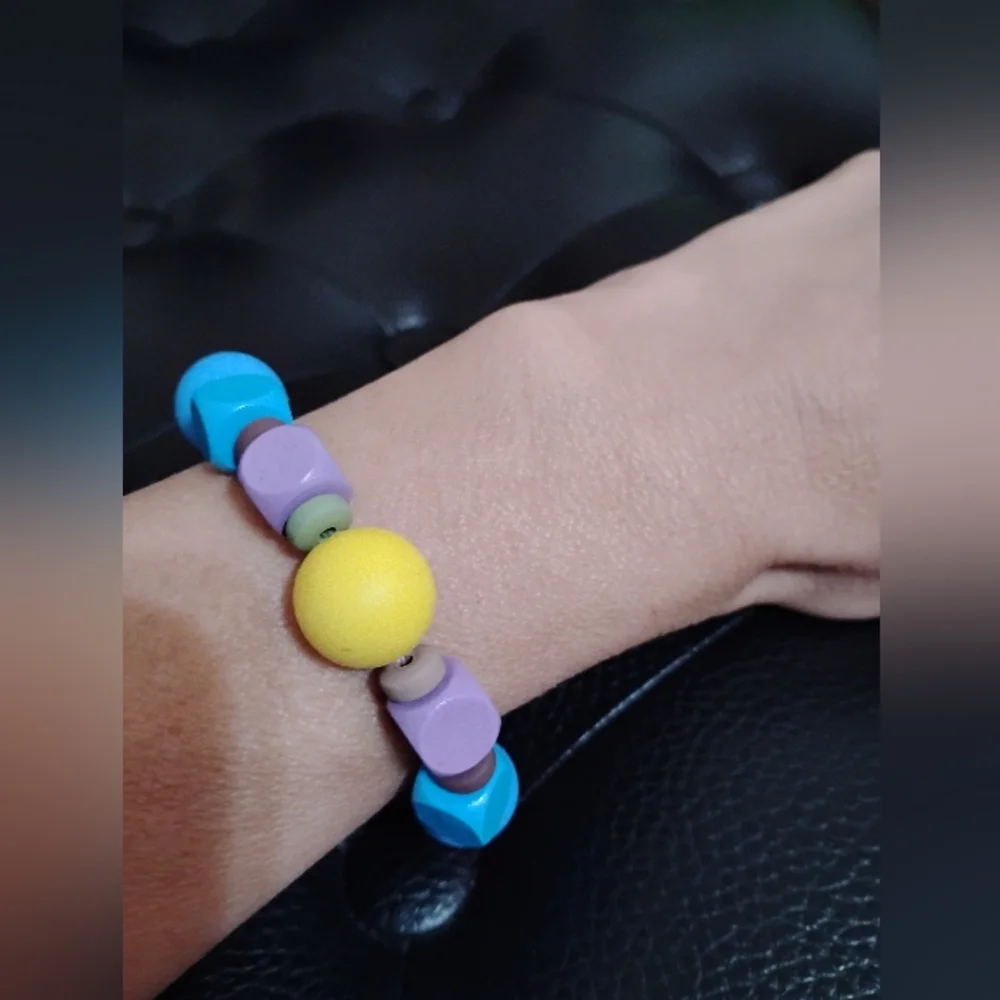 Colorful Wooden & Silicone Beaded Kids Bracelet On Double Stretchy Strings